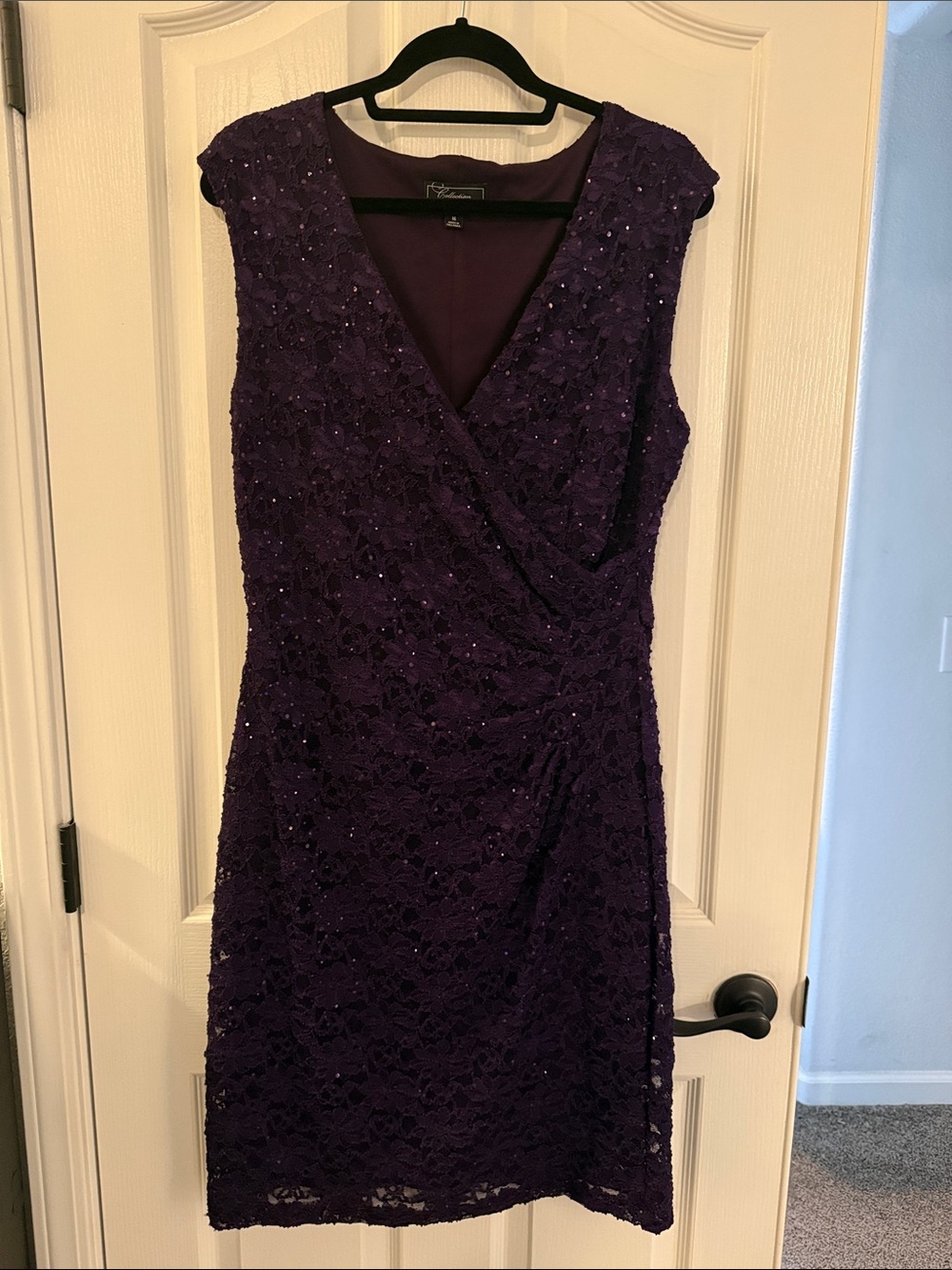 Dressbarn purple sleeveless sheath dress v-neck and all-over sequin lace detail.